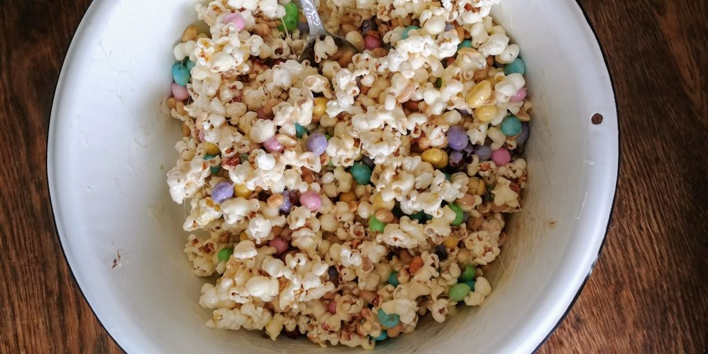 Popcorn Cake all ingredients in large bowl