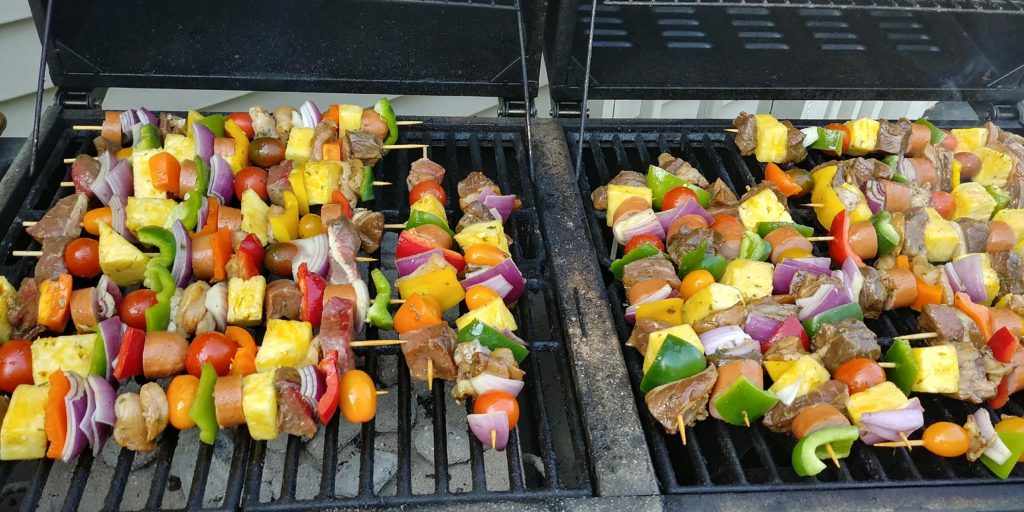 Celebration Beef and Chicken Kabobs on grill