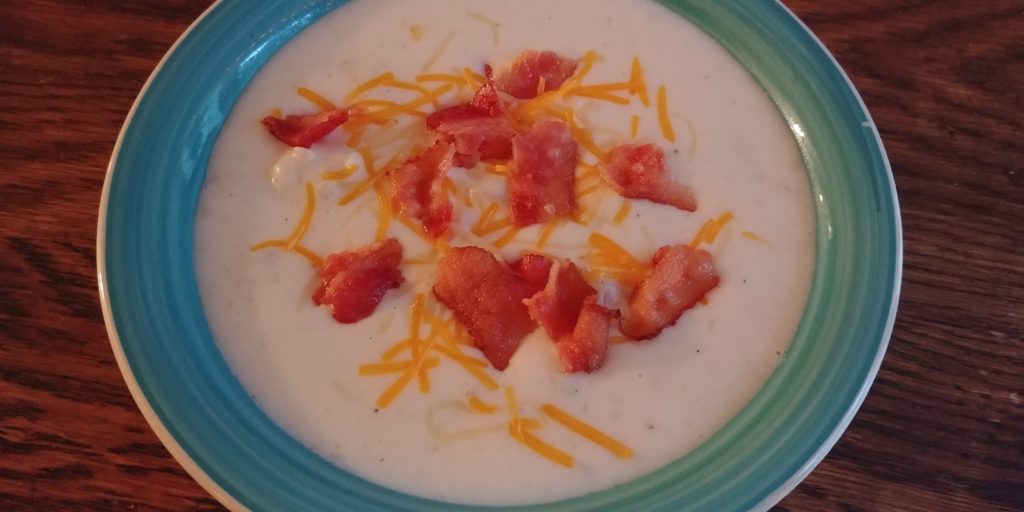 Best Ever Baked Potato Soup complete in bowl 1
