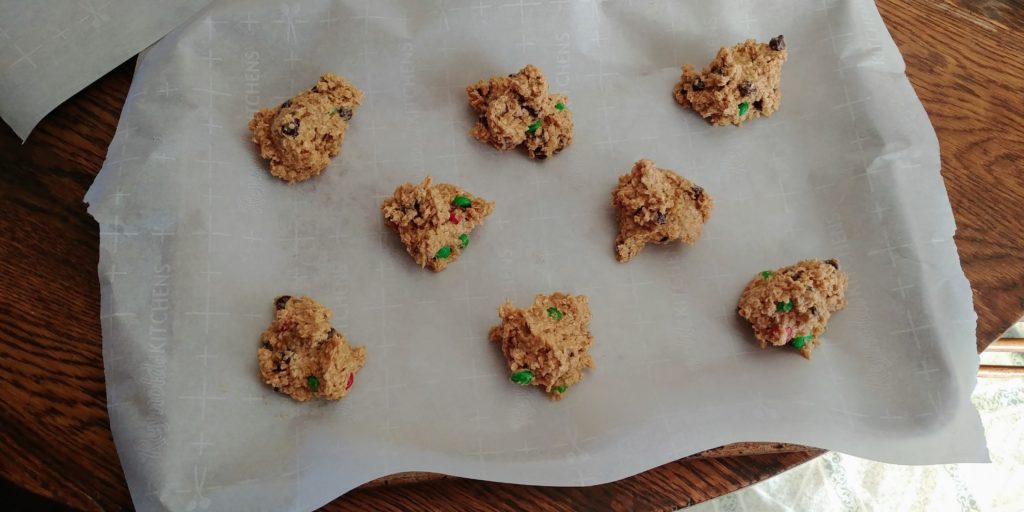 Monster Cookies dough clumps on cookie sheet