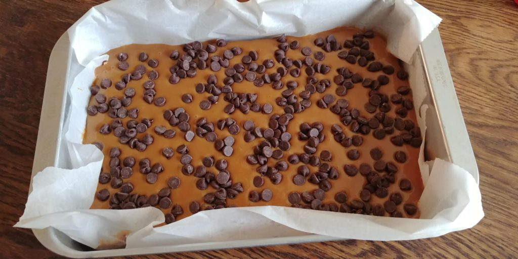 DulceDelish Brownies unbaked with caramel and choc chips