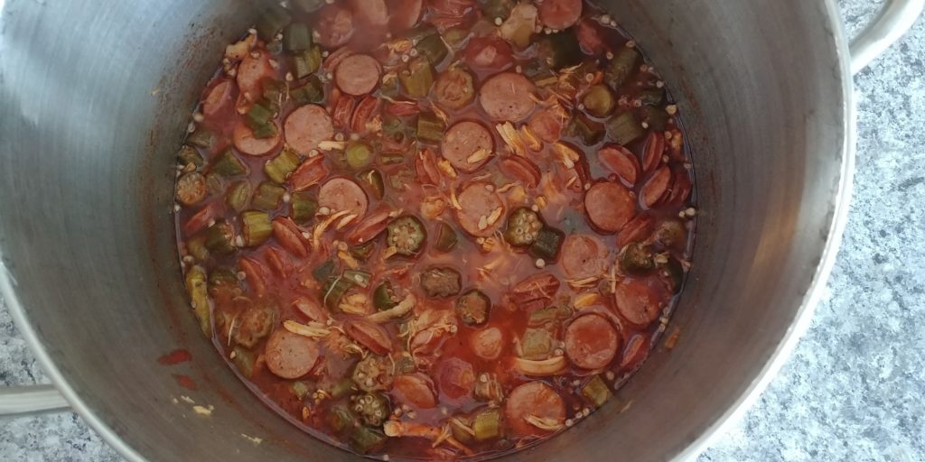 Chicken Sausage Gumbo complete in pot