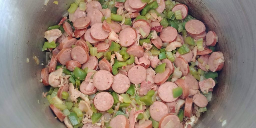 Chicken Sausage Gumbo cooked veggies, sausage and bacon