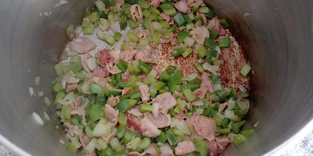 Chicken Sausage Gumbo veggies and bacon