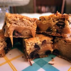 Ooey Gooey Salted Caramel Chocolate Chip Bars complete on plate